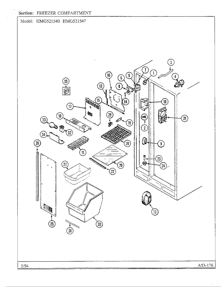 Freezer Compartment Diagram and Parts List for 52154  Admiral Refrigerator