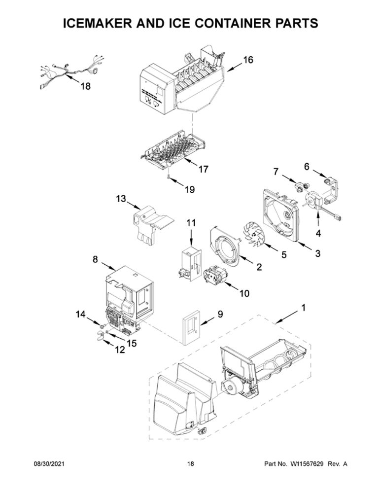 Icemaker And Ice Container Parts Diagram and Parts List for MFI2269FRB05  Maytag Refrigerator
