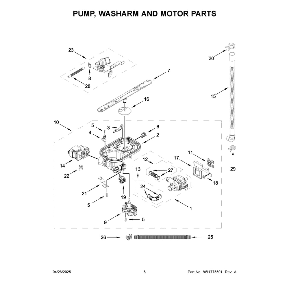 Pump, Washarm And Motor Parts Diagram and Parts List for JDTS3924SM0  Jenn-Air Dishwasher