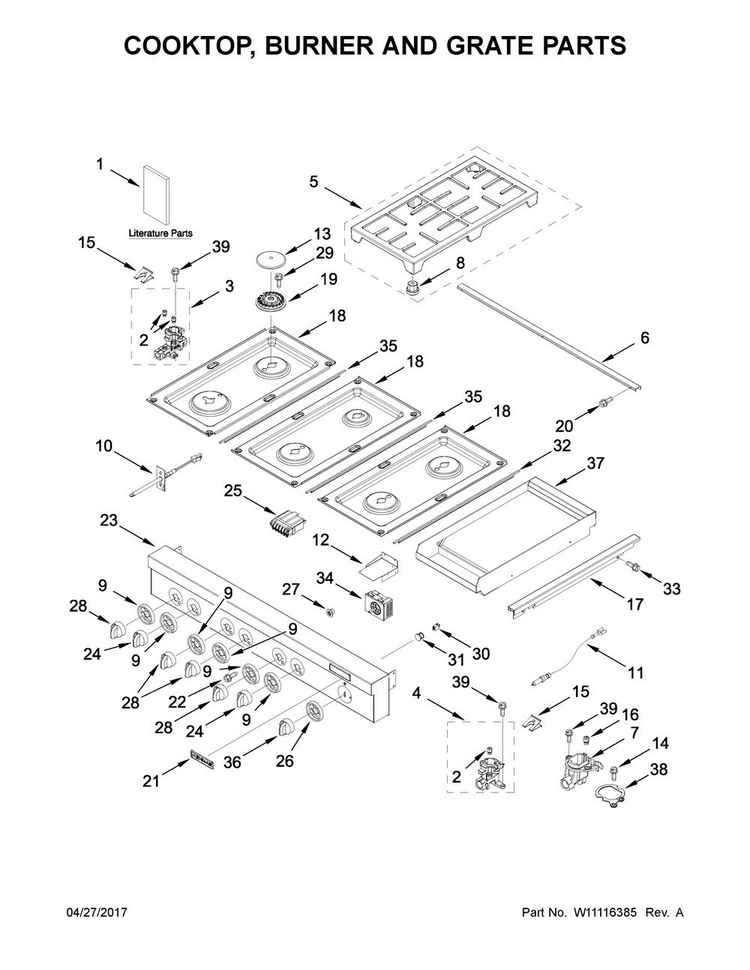 Cooktop, Burner And Grate Parts Diagram and Parts List for JGCP548WP02  Jenn-Air Cooktop