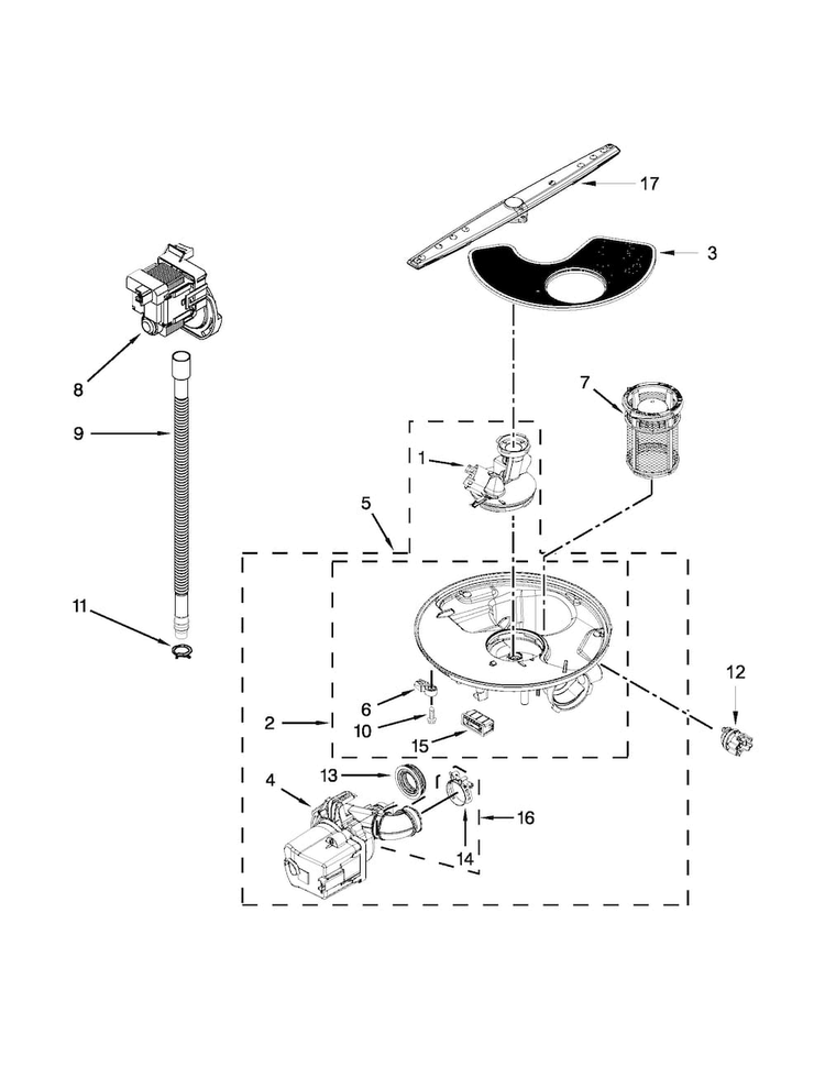 Pump, Washarm And Motor Parts Diagram and Parts List for ADB1400PYB2  Amana Dishwasher