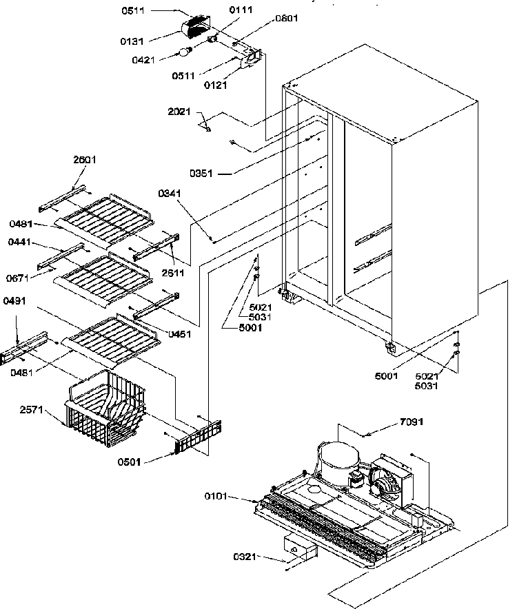 Freezer Shelves And Light Diagram and Parts List for SXD25S2E-P1190421WE  Amana Refrigerator