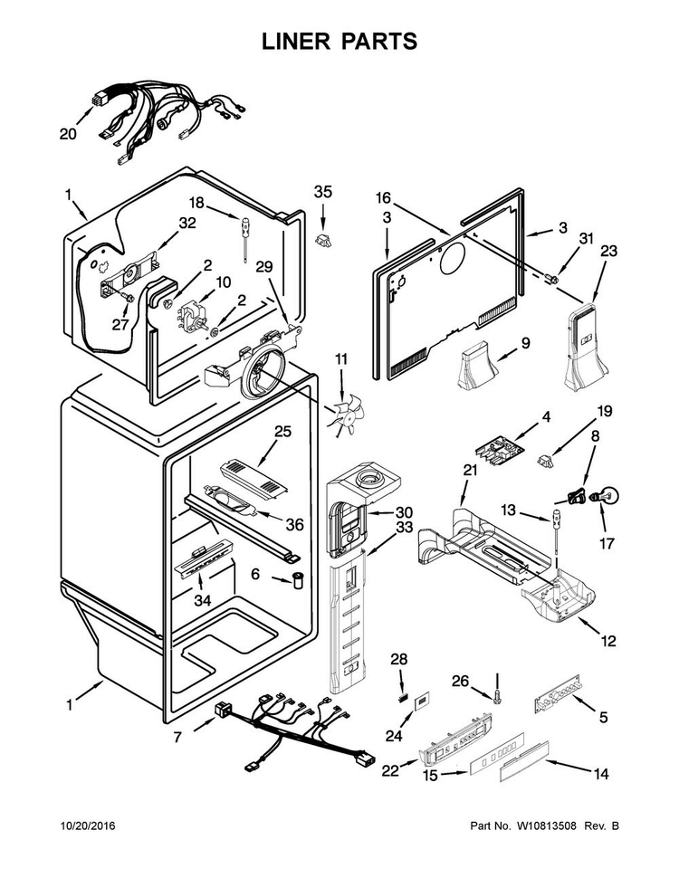 Liner Parts Diagram and Parts List for 5VM1BXGFYA00  Maytag Refrigerator