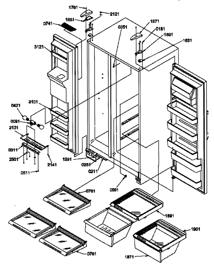 Ref/frz Shelves/lights/hinges Diagram and Parts List for SCD25TW-P1190426WW  Amana Refrigerator