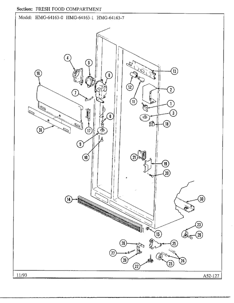Fresh Food Compartment Diagram and Parts List for 64163-0A  Admiral Refrigerator