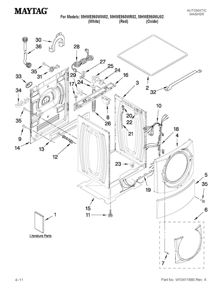 Top And Cabinet Parts Diagram and Parts List for MHWE950WJ02  Maytag Washer