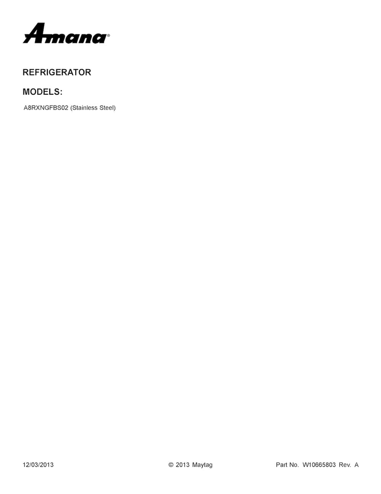 Cover Sheet Diagram and Parts List for A8RXNGFBS02  Amana Refrigerator