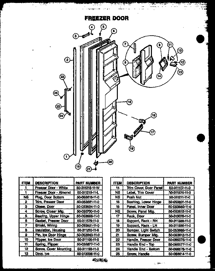 FZ DOOR Diagram and Parts List for GFD240/MN04  Caloric Refrigerator