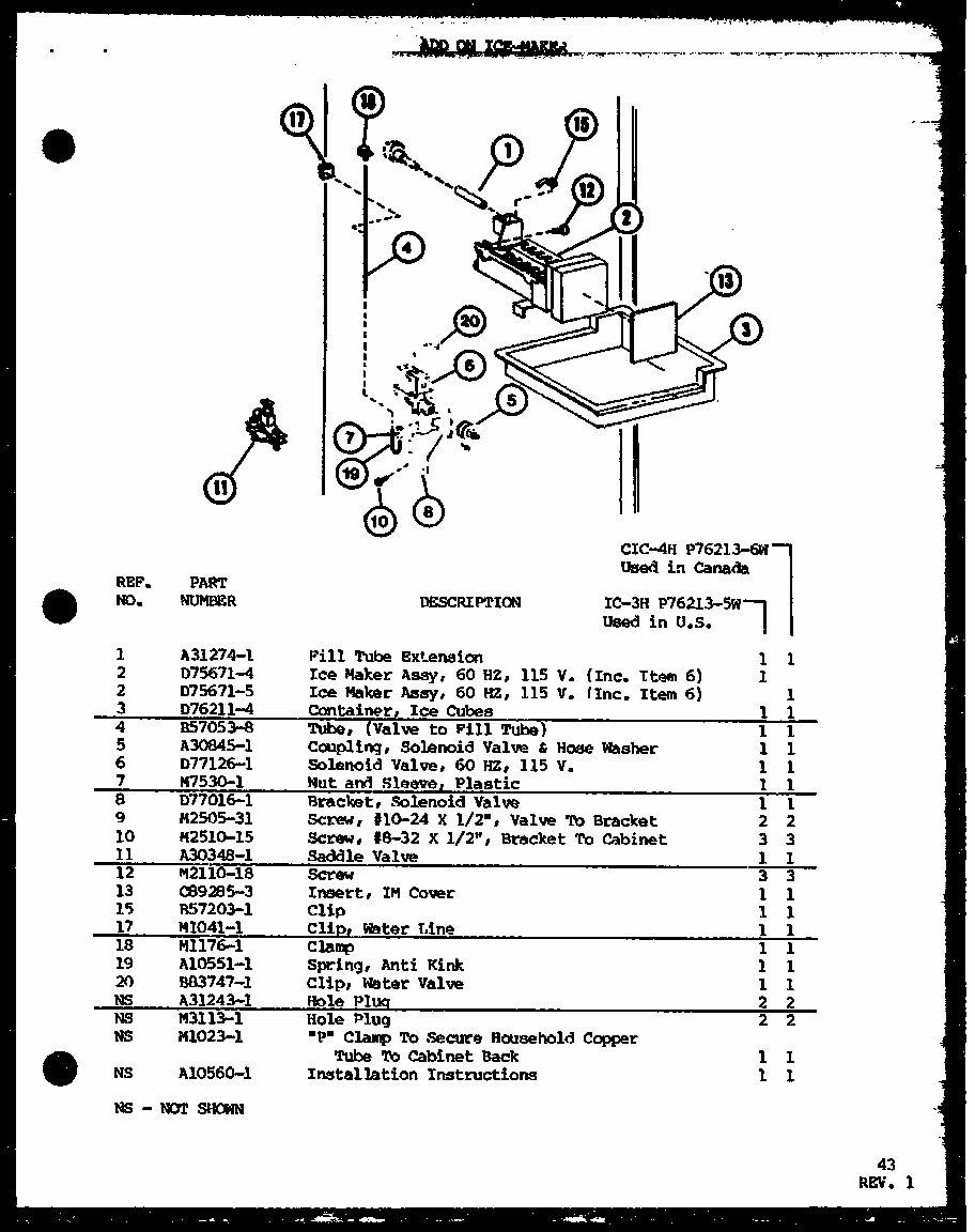 Add On Ice-maker (ic-3h/p76213-5w) (cic-4h/p76213-6w) Diagram and Parts List for TL8J-P7739024W  Amana Refrigerator