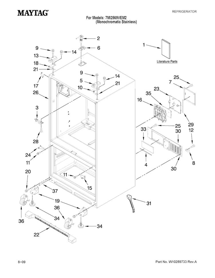 Cabinet Parts Diagram and Parts List for 7MI2569VEM2  Maytag Refrigerator