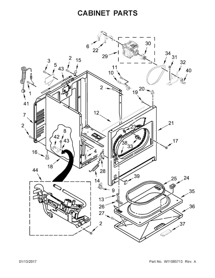 Cabinet Parts Diagram and Parts List for CGD7006GW0  Crosley Dryer