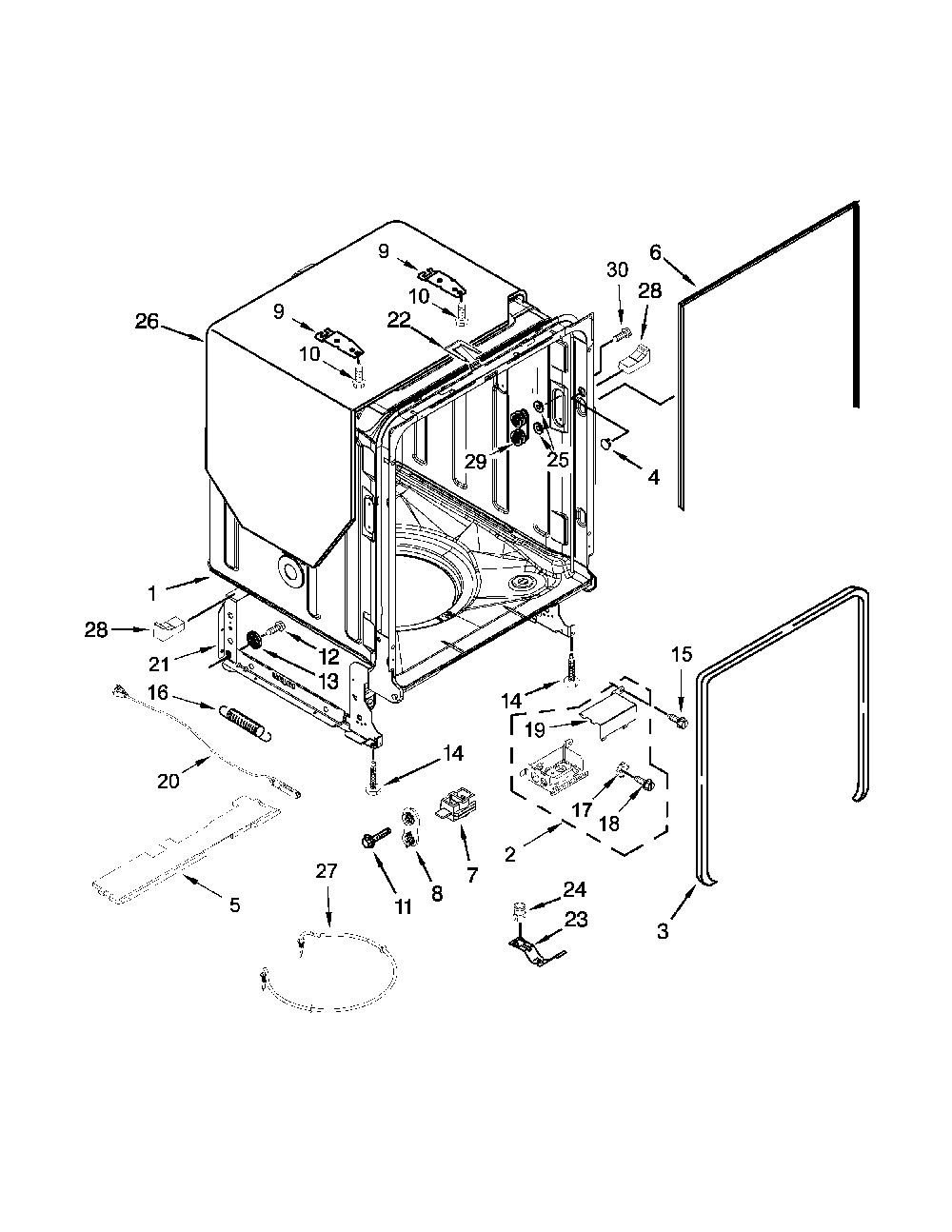 Tub And Frame Parts Diagram and Parts List for 66512774K314  Kenmore Dishwasher
