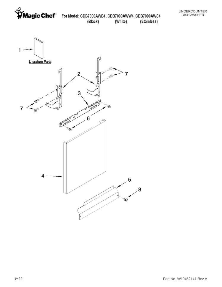 Door And Panel Parts Diagram and Parts List for CDB7000AWB4  Magic Chef Dishwasher