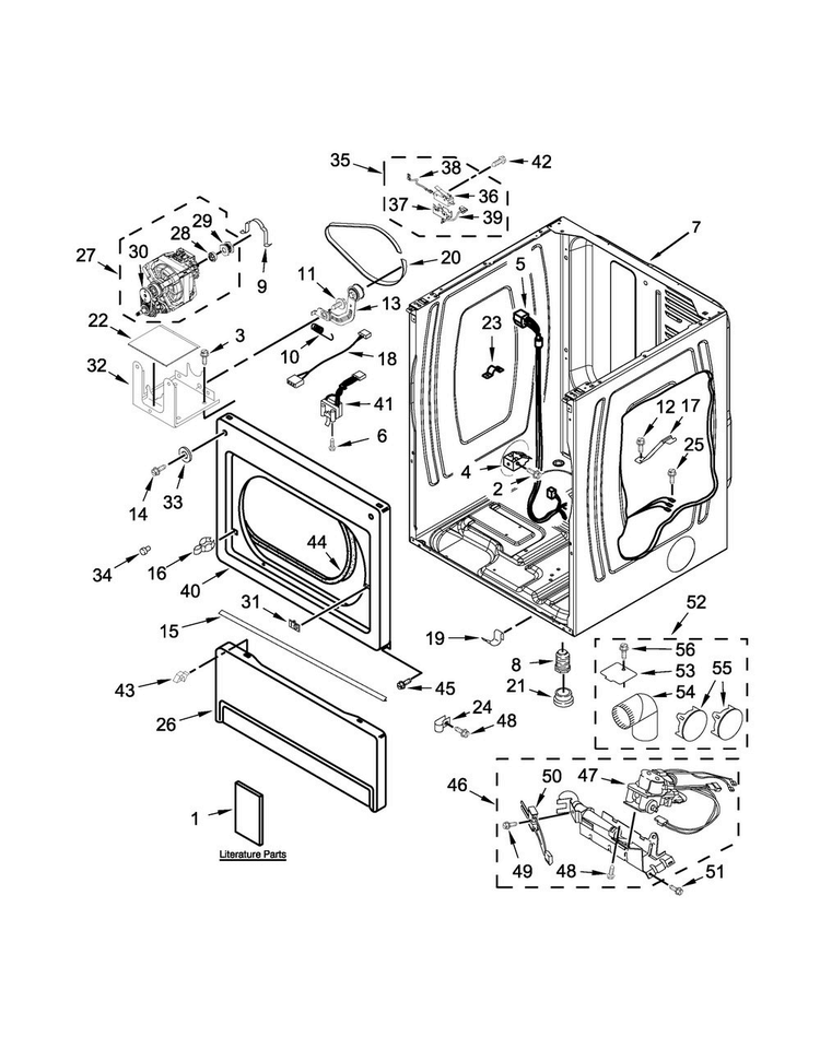 Lower Cabinet And Front Panel Parts Diagram and Parts List for MLG27PDBWW1  Maytag Dryer