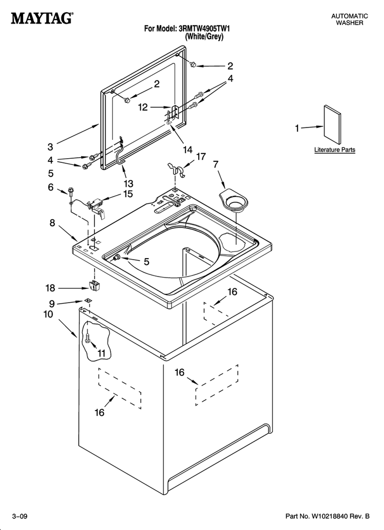 Top And Cabinet Parts Diagram and Parts List for 3RMTW4905TW1  Maytag Washer