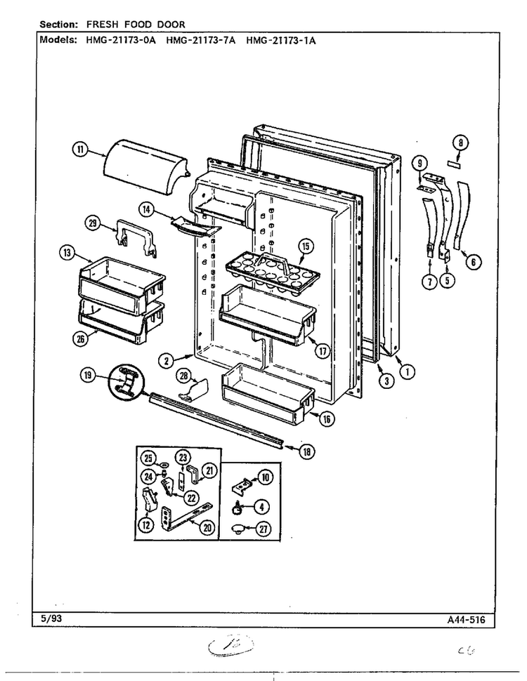 Fresh Food Door Diagram and Parts List for 21173-0A  Admiral Refrigerator