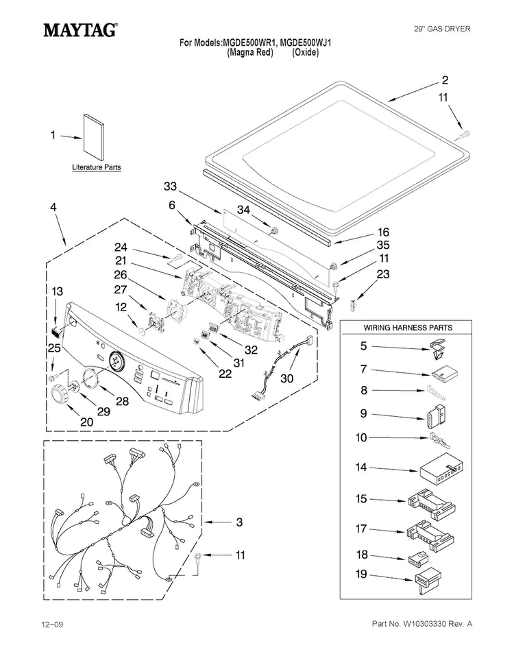 Top And Console Parts Diagram and Parts List for MGDE500WR1  Maytag Dryer