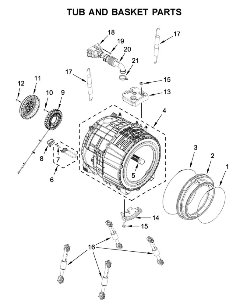 Tub And Basket Parts Diagram and Parts List for 7MMHW6621HW1  Maytag Washer