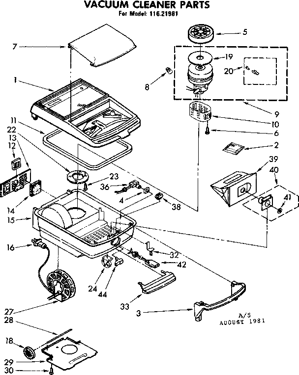 Base Assembly Diagram and Parts List for 11621981  Kenmore Canister Vacuum