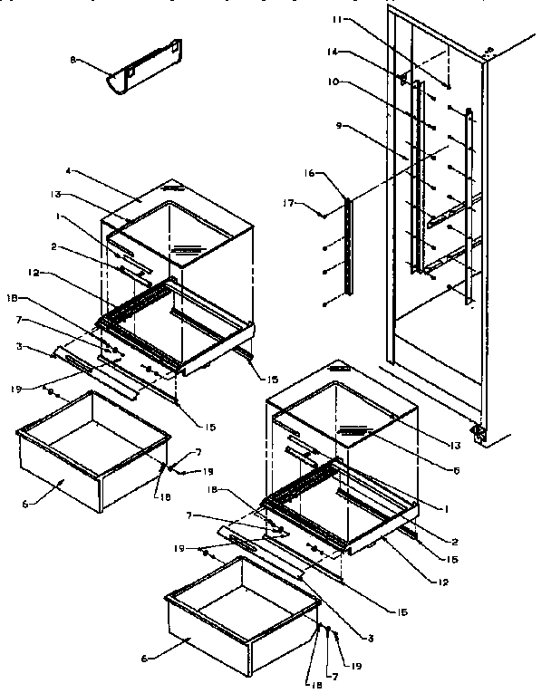 Refrigerator Shelving And Drawers Diagram and Parts List for SXD25NP-P1162420W  Amana Refrigerator
