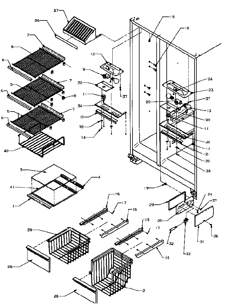 Freezer Shelving & Refrigerator Light Diagram and Parts List for SBI20QE-P1162905WE  Amana Refrigerator