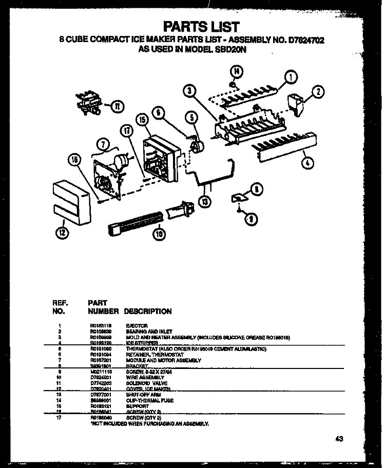 8 CUBE COMPACT ICE MAKER Diagram and Parts List for SBD20NE P1162503W E Amana Refrigerator