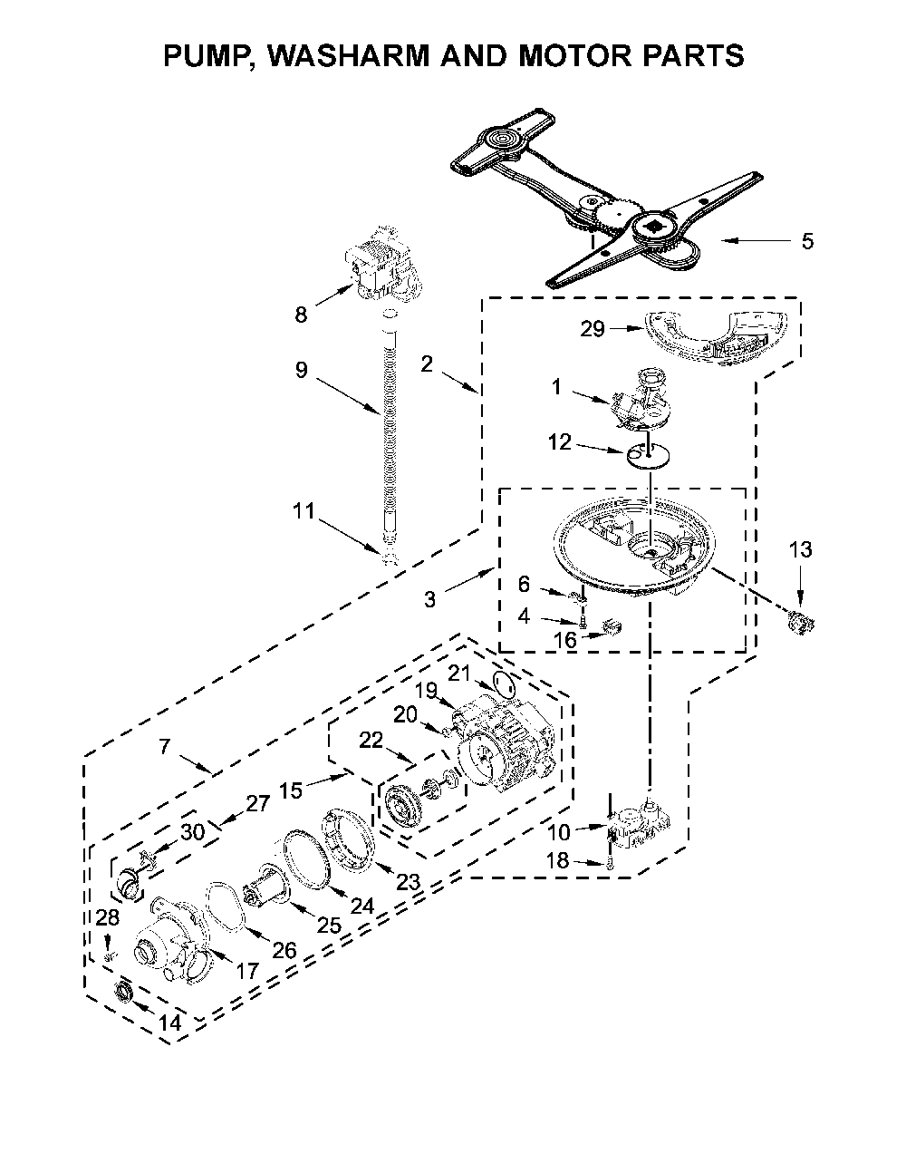 Pump, Washarm And Motor Parts Diagram and Parts List for 66514813N612  Kenmore Dishwasher