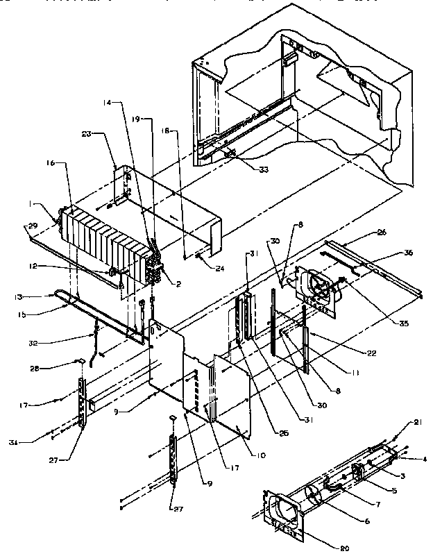 Evaporator Area Diagram and Parts List for TXI21R-P1168006W  Amana Refrigerator