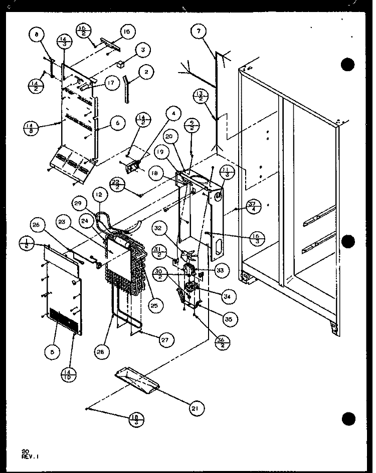 EVAP AND AIR HANDLING Diagram and Parts List for SXD25J P1104001W Amana Refrigerator