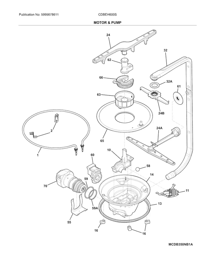 Motor & Pump Diagram and Parts List for CDBEH600SS0A  Crosley Dishwasher