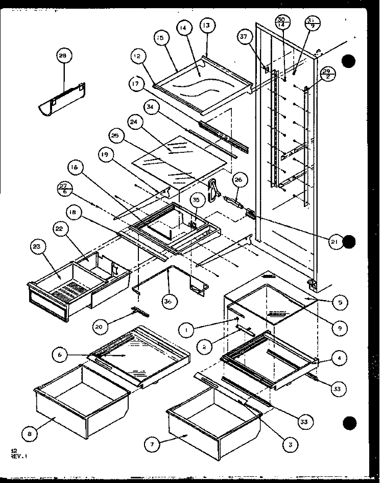 REF SHELVING AND DRAWERS Diagram and Parts List for SXD25JP P1104006W Amana Refrigerator