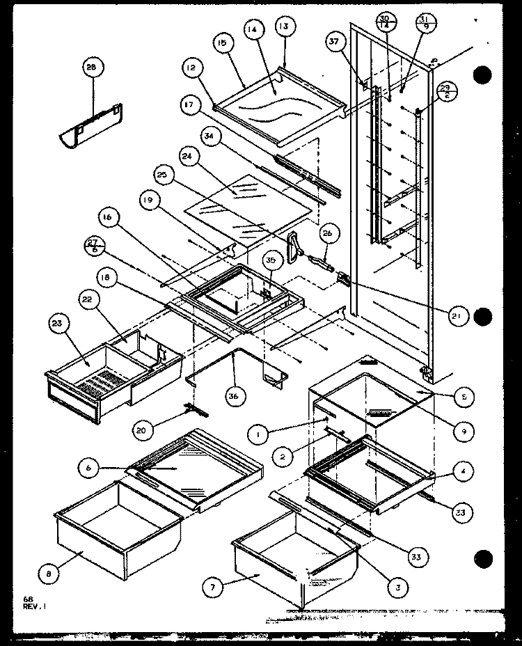 REF SHELVING AND DRAWERS Diagram and Parts List for SXD22J P1104020W Amana Refrigerator