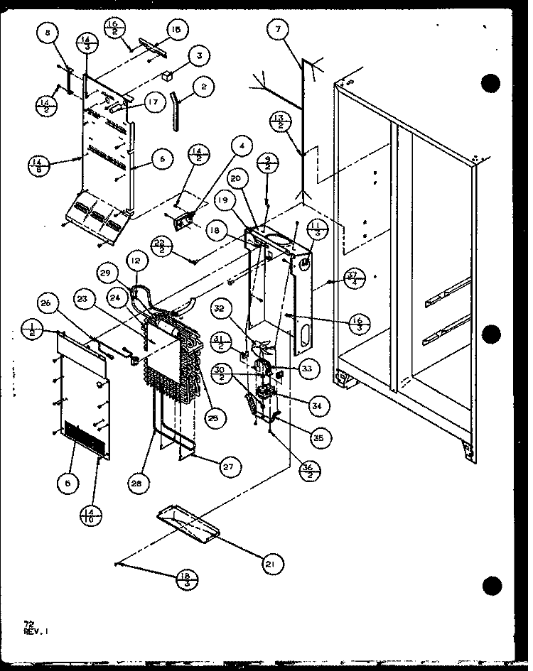 EVAP AND AIR HANDLING Diagram and Parts List for SXD22J P1104020W Amana Refrigerator