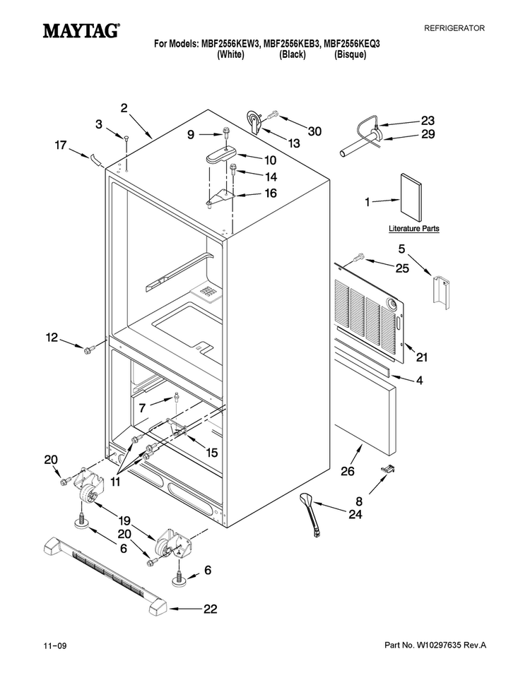 Cabinet Parts Diagram and Parts List for MBF2556KEQ3  Maytag Refrigerator