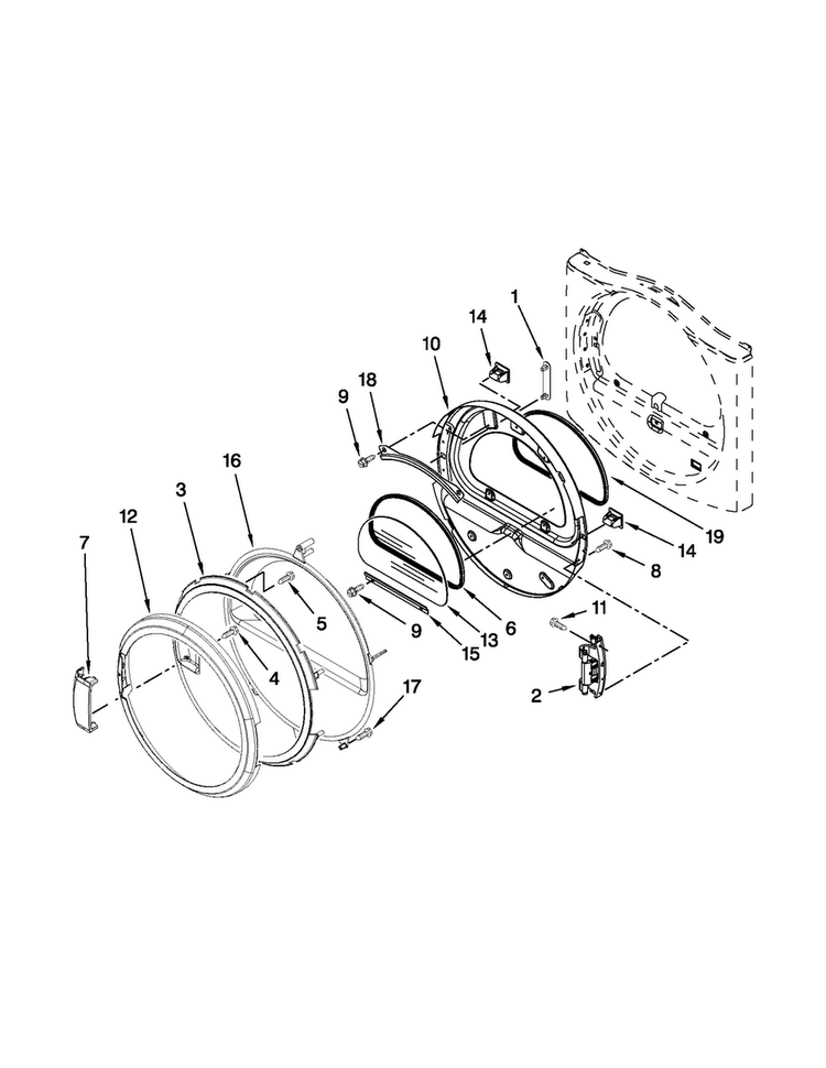 Door Parts Diagram and Parts List for MDE25PDAYW1  Maytag Dryer