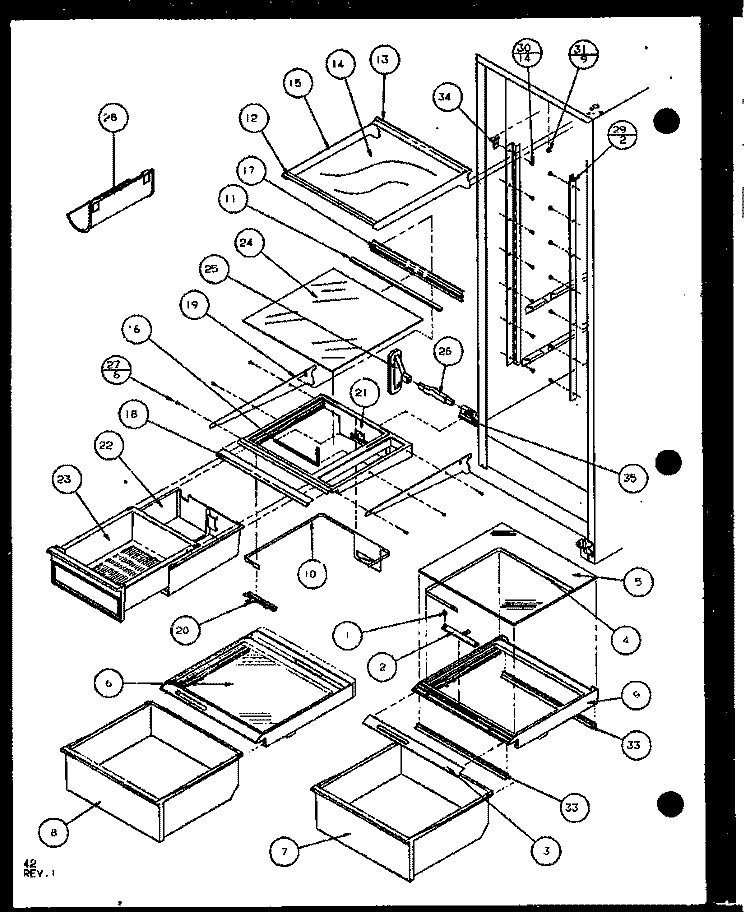 REF SHELVING AND DRAWERS Diagram and Parts List for SLD25J P1104008W Amana Refrigerator