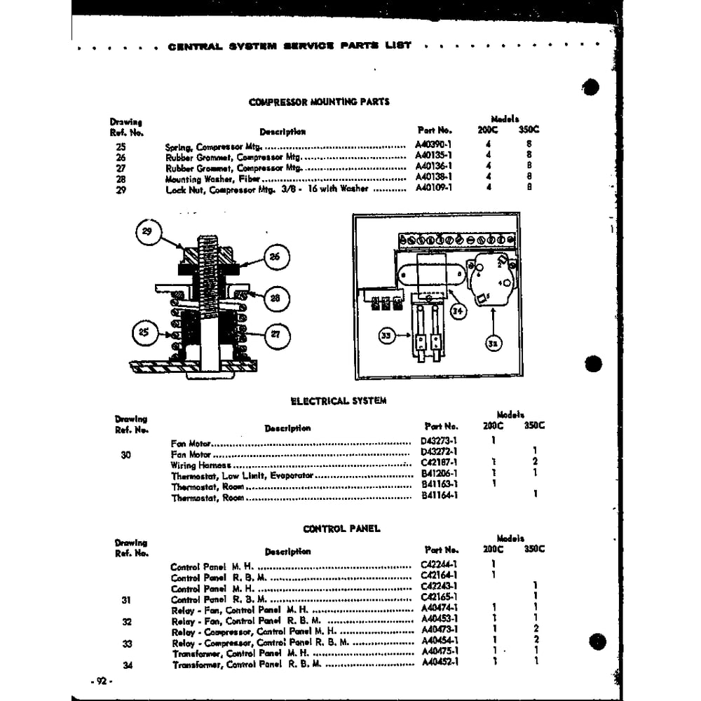 Compressor Mounting Parts/Electrical System/Control Panel Diagram and Parts List for 350C  Amana Air Conditioner