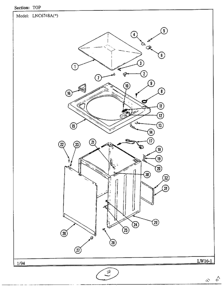 Top Diagram and Parts List for 6748A  Norge Washer