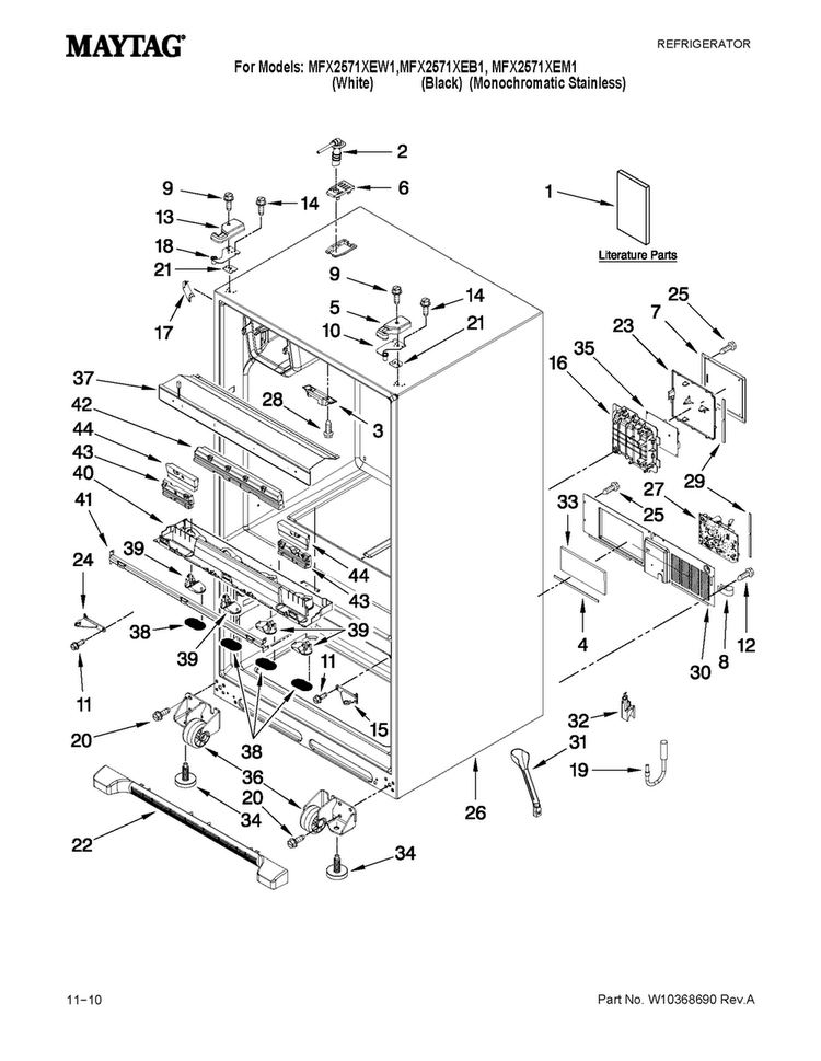 Cabinet Parts Diagram and Parts List for MFX2571XEM1  Maytag Refrigerator