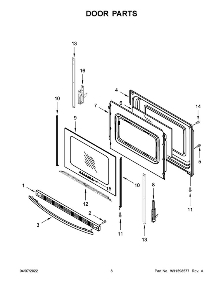 Door Parts Diagram and Parts List for YAER6303MFW5  Amana Range