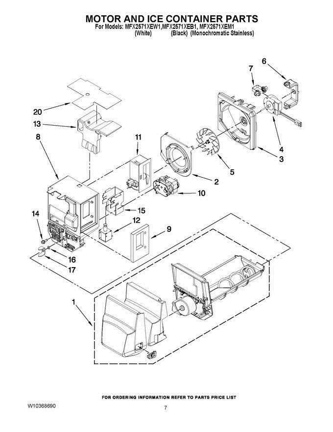 04 - Motor And Ice Container Parts Diagram and Parts List for MFX2571XEB1Q  Maytag Refrigerator