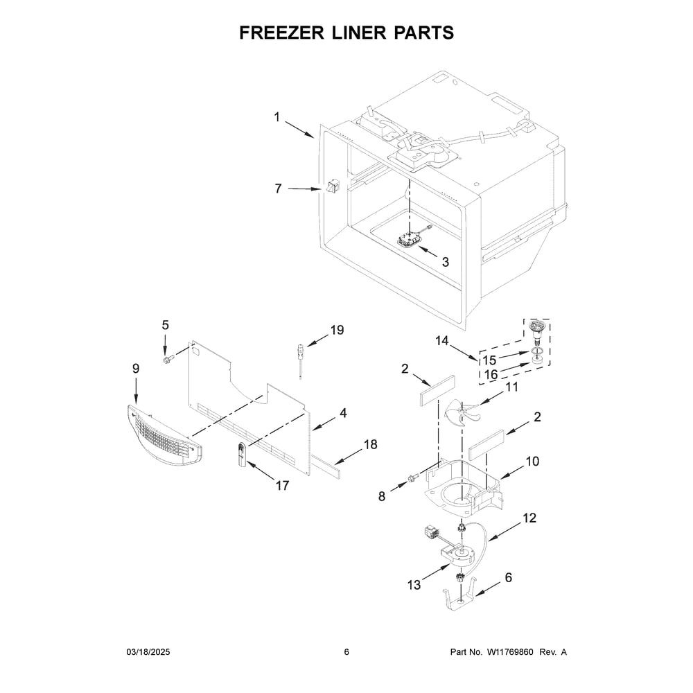 Freezer Liner Parts Diagram and Parts List for MFT2772HEZ07  Maytag Refrigerator
