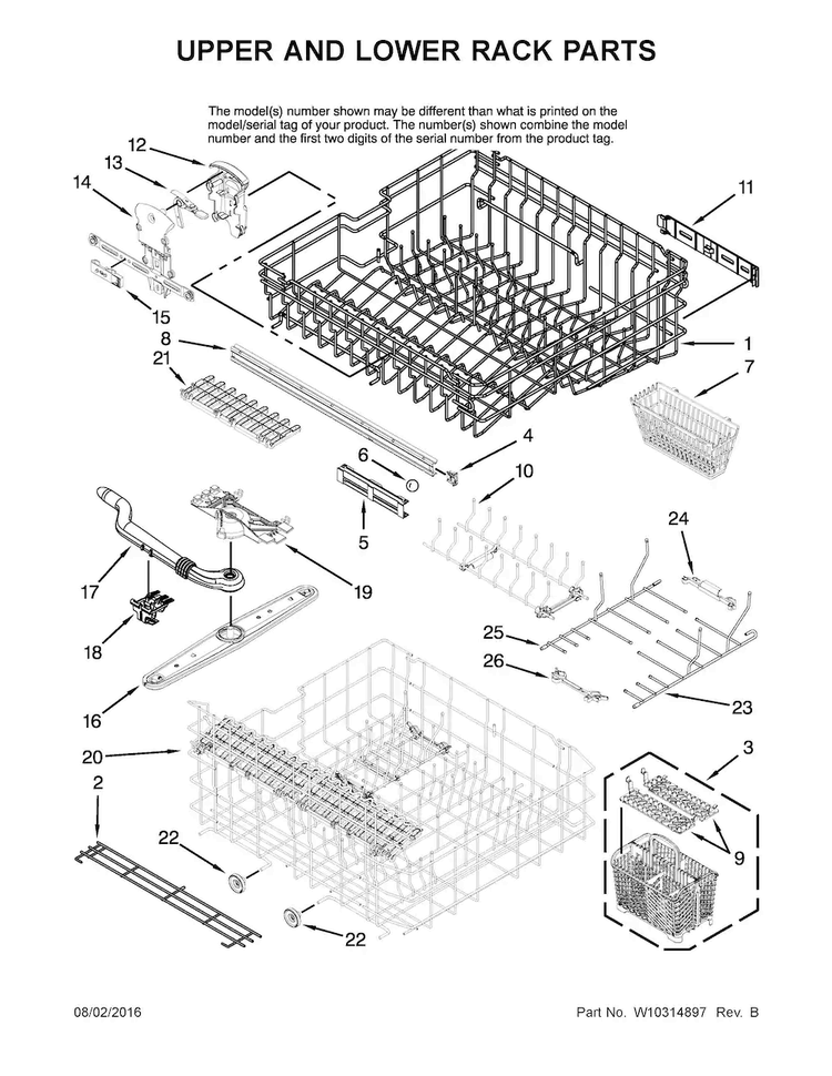Upper And Lower Rack Parts Diagram and Parts List for JDB1255AWB2  Jenn-Air Dishwasher