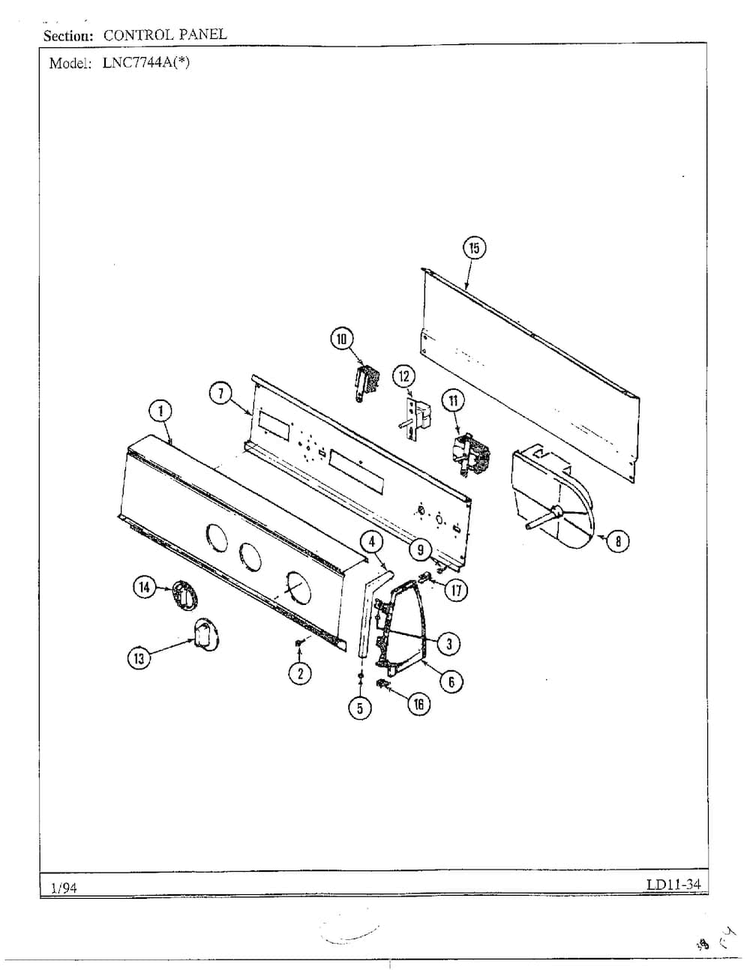 Control Panel Diagram and Parts List for 7744A  Norge Dryer