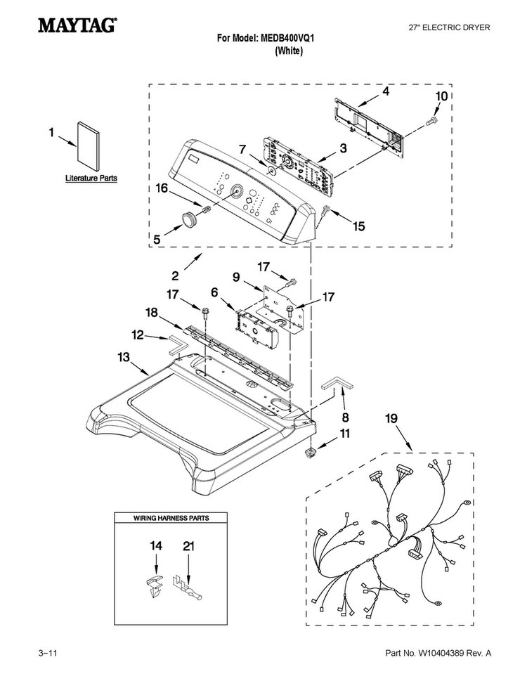 Top And Console Parts Diagram and Parts List for MEDB400VQ1  Maytag Dryer