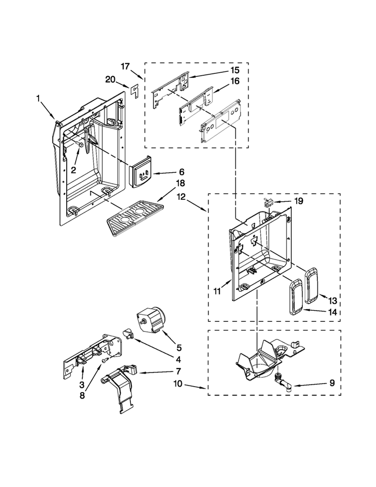 Dispenser Front Parts Diagram and Parts List for JS48SEDUDW12  Jenn-Air Refrigerator