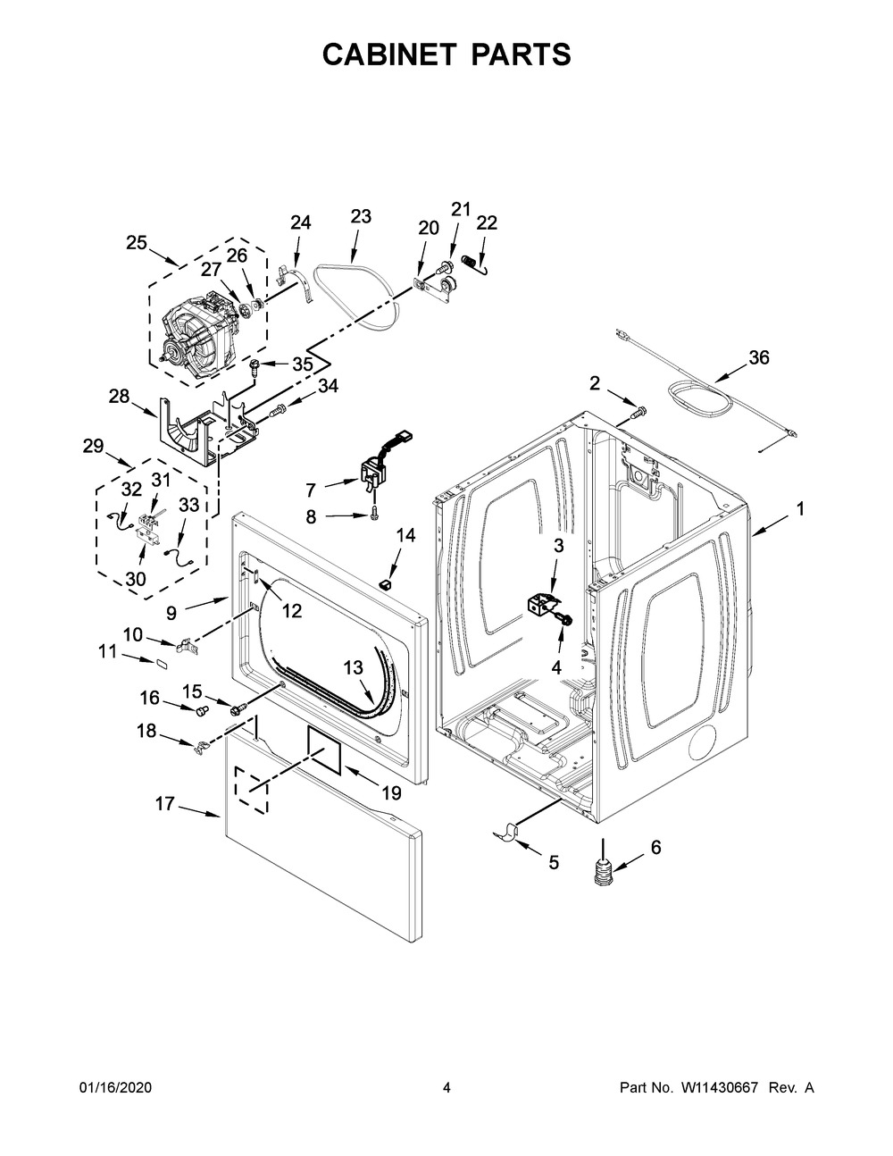 Cabinet Parts Diagram and Parts List for MGDP576KW0  Maytag Dryer