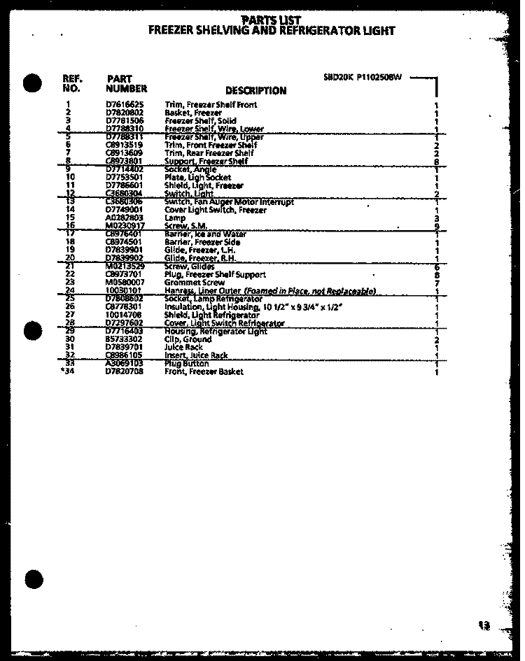 FZ SHELVING AND REF LIGHT Diagram and Parts List for SBD20K P1102508W W Amana Refrigerator