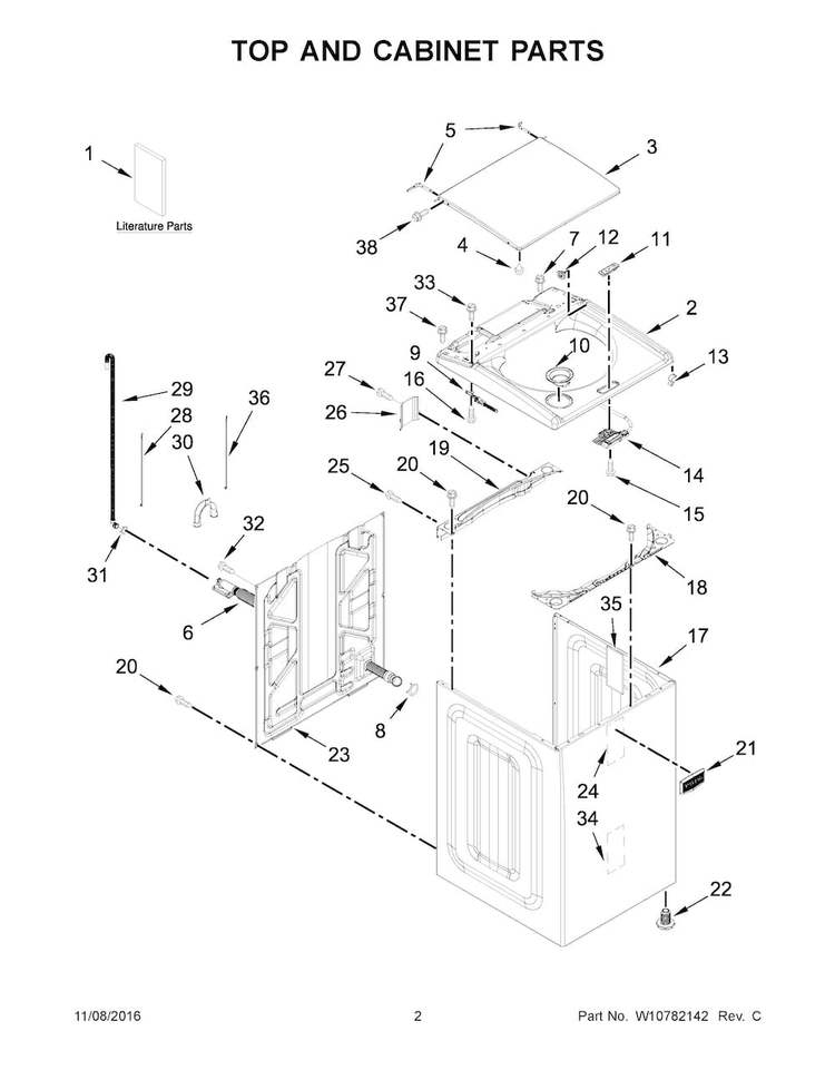 Top And Cabinet Parts Diagram and Parts List for MVWB755DW0  Maytag Washer