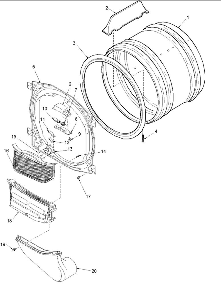 Front Bulkhead, Air Duct And Drum Diagram and Parts List for ALG643RAW-PALG643*  Amana Dryer